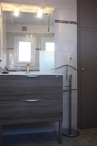 une cuisine avec un évier et un réfrigérateur dans l'établissement Gîte La Villa Gaïa, à Nérac