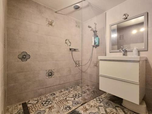 ein Bad mit einer Dusche, einem Waschbecken und einem Spiegel in der Unterkunft Duplex de l'Arbre de la Liberté in Guebwiller