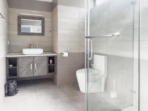 a bathroom with a shower and a toilet and a sink at Beachwalk Residence - Trou-aux-Biches in Trou aux Biches