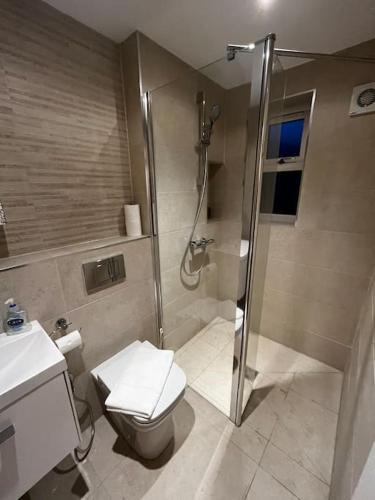 a bathroom with a shower and a toilet and a sink at The Forest Haven Cottage - Free Parking & Wi-Fi in Whitefield