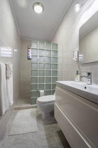 a bathroom with a toilet and a sink and a shower at Yellow Cunucu-4 Bedrooms House in Paraguaná