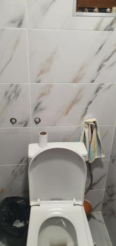 a white toilet in a bathroom with marble walls at Къща за гости in Razgrad