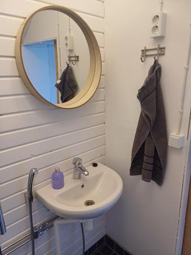 een badkamer met een wastafel en een spiegel bij meijeriranta majoitus in Ylistaro