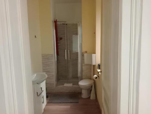 y baño con ducha, aseo y lavamanos. en Hotel Brioni en Trieste