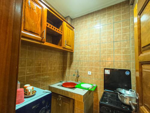 Il comprend une petite cuisine équipée d'un évier et d'une cuisinière. dans l'établissement Résidence D, à Bafoussam