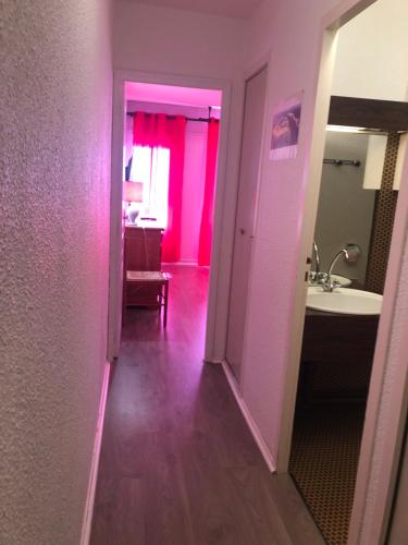un couloir avec lavabo et une salle de bains aux murs roses dans l'établissement plein sud, à Saint-Aventin