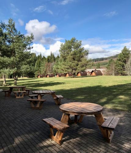 a group of picnic tables in a park at Badaguish forest lodges and camping pods in Aviemore