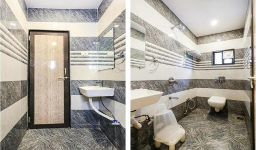 2 fotos de un baño con lavabo y aseo en Hotel Suraj Inn, en Surat