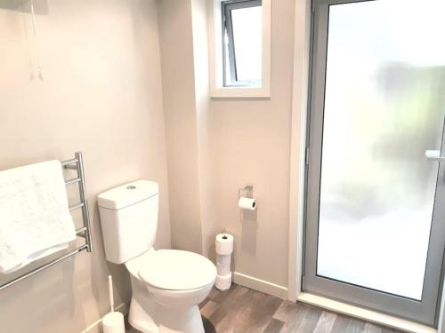 a bathroom with a white toilet and a window at Vauxhall Private Suite in Dunedin