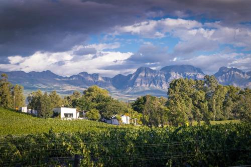 a farm on a hill with mountains in the background at Tempel Wines in Paarl