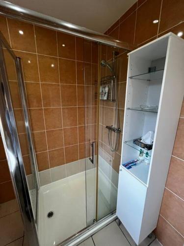 y baño con ducha y puerta de cristal. en Spacious 3-Bed Haven - Free Parking & Wi-Fi en Whitefield