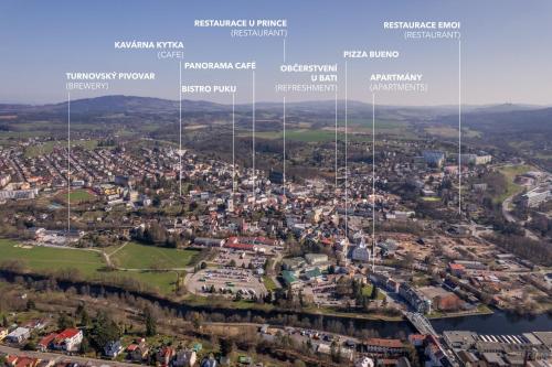 an aerial view of a city with names of cities at Apartmány Rozárka Turnov in Turnov