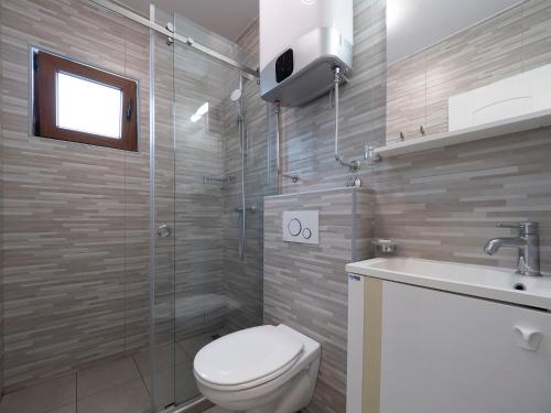 a bathroom with a toilet and a shower and a sink at Apartments Mary in Budva