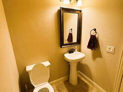 a bathroom with a sink and a toilet and a mirror at Luxurious 4br 3 baths office game room - 85 inch TV - Close to fishing boating and outdoors activities in Wylie