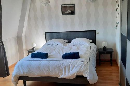 1 dormitorio con 1 cama grande y 2 almohadas azules en La Maraitière, en Guînes