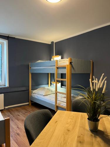 a dining room with a table and a bunk bed at Blue Doors Hostel KTV in Rostock