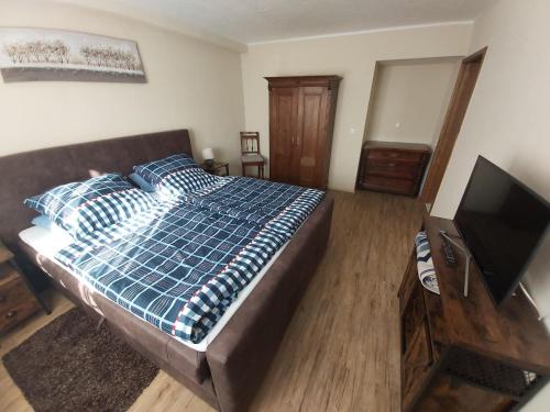 a bedroom with a bed with a couch and a television at Ferienwohnung Eifelrose in Vorpochten
