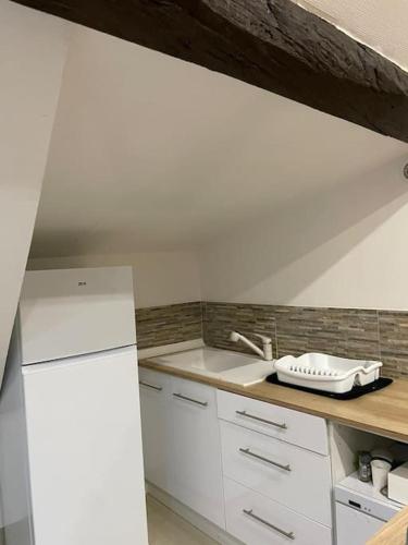 a kitchen with a sink and a white refrigerator at Les Loges de la Commanderie ! in Coulommiers