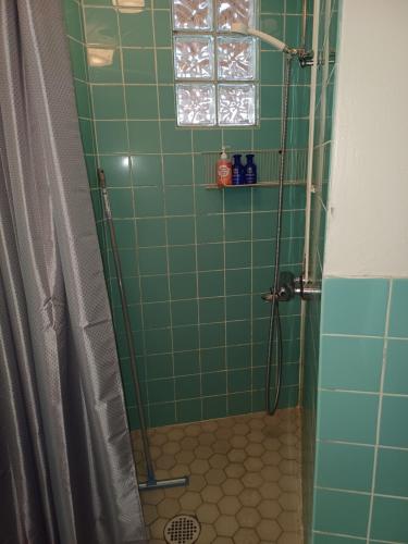 a bathroom with a shower with green tile at Majoitus Yli-Torkko in Seinäjoki