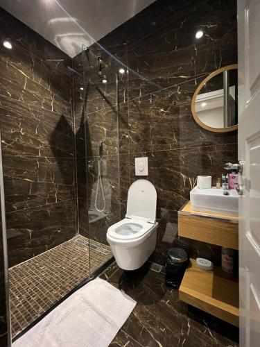 een badkamer met een toilet, een douche en een wastafel bij Urban Room 5 in Tirana