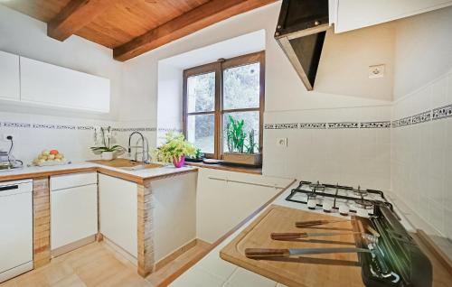 Il comprend une cuisine avec des murs blancs et des plafonds en bois. dans l'établissement 2 Bedroom Awesome Apartment In Bordezac, à Bordezac