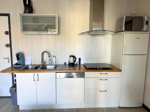 une cuisine avec un évier et un réfrigérateur blanc dans l'établissement Appartement T2 rénové près de la mer avec balcon à Argelès-sur-Mer - FR-1-388-222, à Argelès-sur-Mer