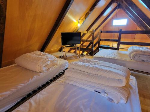 two beds in a room with a attic at Chalet Saint-Michel-de-Chaillol, 3 pièces, 5 personnes - FR-1-393-165 in Saint-Michel-de-Chaillol