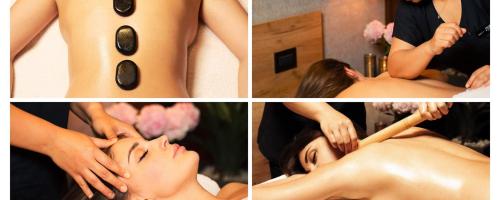 a collage of four pictures of a woman getting a massage at ALBERT RESIDENCE Aparthotel in Braşov