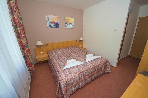 Una habitación de hotel con una cama con dos almohadas. en Vinný sklep Krýsa en Kostelec