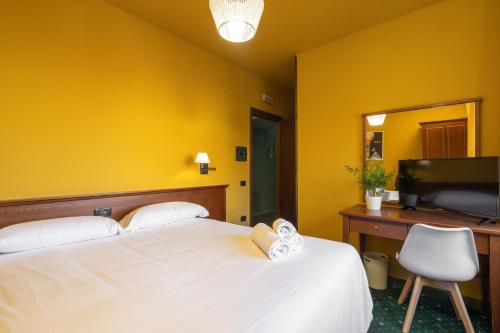 um quarto com uma cama, uma secretária e uma televisão em Hotel Altevie em Guardiagrele