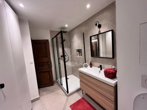 une salle de bain avec une douche, un lavabo et un miroir dans l'établissement Face à la mer, à Bandol