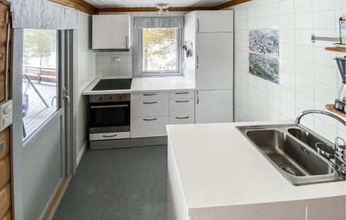 cocina blanca con fregadero y nevera en Amazing Home In Hovden I Setesdal With Ethernet Internet, en Giskeli