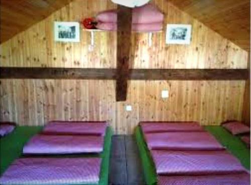 una habitación con relleno morado y verde en Expérience unique cabane à 2000m, en Conthey