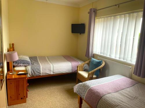 Llanllwchaiarn的住宿－Caerhafod Nanternis，一间卧室设有两张床、一把椅子和一个窗户。