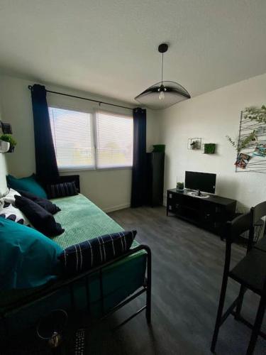 une chambre avec un lit et un bureau avec un ordinateur dans l'établissement Appartement Royan centre-ville, à Royan