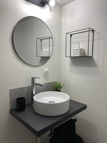 une salle de bain avec un lavabo et un miroir dans l'établissement Appartement Royan centre-ville, à Royan