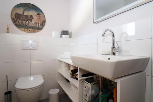 a white bathroom with a sink and a toilet at Haus Haemmerle mit Ski in - Ski out in Damuls