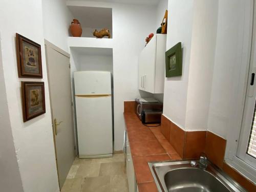 a small kitchen with a sink and a refrigerator at Apartamento Crucero 1, La Jara in Sanlúcar de Barrameda