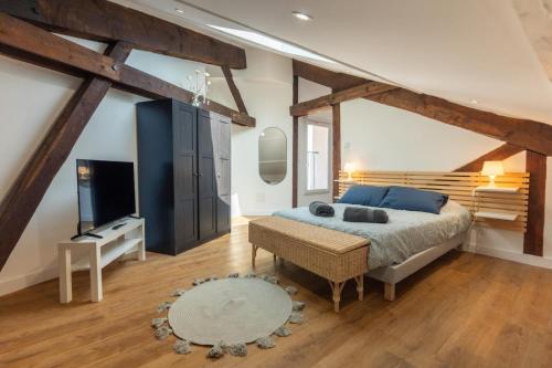 sypialnia z łóżkiem typu king-size i telewizorem w obiekcie Appartement neuf climatisé tout équipé 2 à 4 couchages w Béziers