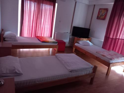 a room with three beds and a tv and windows at HOSTEL WIEN in Barakovići