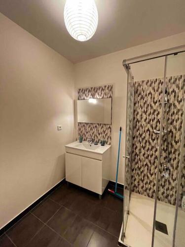 La salle de bains est pourvue d'un lavabo et d'une douche. dans l'établissement Elegant apartment Paris Bagnolet 303, à Bagnolet