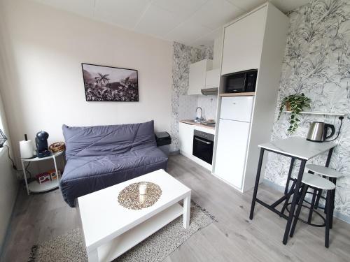 un petit salon avec un canapé et une table dans l'établissement C5 Charmant petit deux pièces Centre ville, à Cambrai