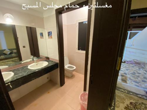 ein Badezimmer mit einem Waschbecken, einem WC und einem Spiegel in der Unterkunft Al Ahlam Island Villa Durrat AlArous فيلا جزيرة الأحلام درة العروس in Durrat Al-Arus