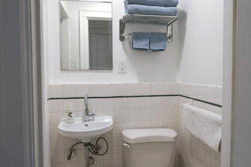ein Badezimmer mit einem WC, einem Waschbecken und einem Spiegel in der Unterkunft Garden Guest Suite in Brooklyn