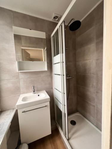 ein kleines Bad mit einem Waschbecken und einer Dusche in der Unterkunft Appartement 4 personnes, 1 chambre, terrasse, Wifi, proche du centre in La Bourboule