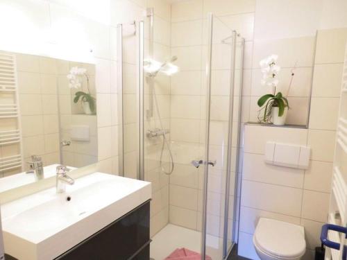 ein Bad mit einer Dusche, einem Waschbecken und einem WC in der Unterkunft Haus Itjen Blau 4 in Cuxhaven