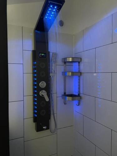 a bathroom with a shower with a blue light at The blue lotus gite and spa in Le Langon