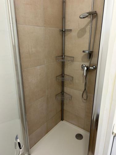 une douche dans une salle de bain avec une porte vitrée dans l'établissement Bravone 74- piscine en résidence-clim-wifi-pieds dans l'eau, à Linguizzetta