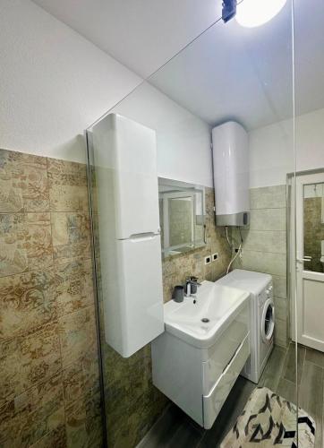 a bathroom with a sink and a washing machine at Mountain Oasis in Valbonë