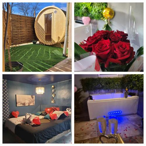 eine Collage mit Bildern eines Schlafzimmers mit roten Rosen in der Unterkunft L'Eden du Quercy in Limogne-en-Quercy